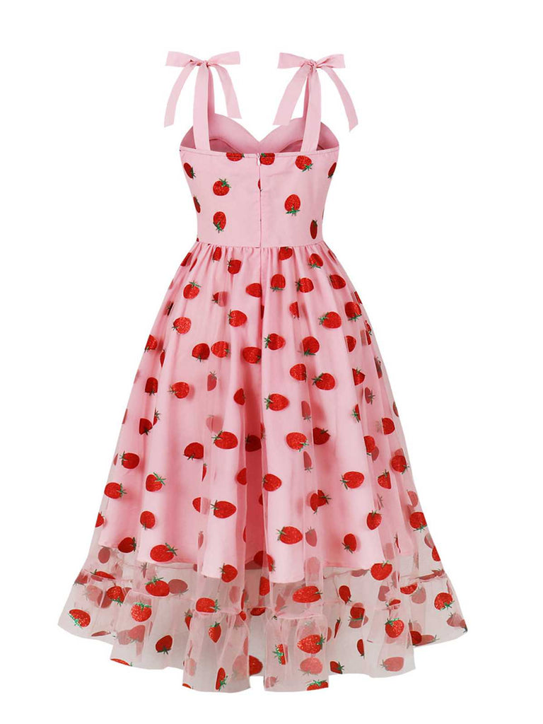 Pink 1950s Spaghetti Strap Bow Strawberry Dress: where 1950s romance meets her modern spirit