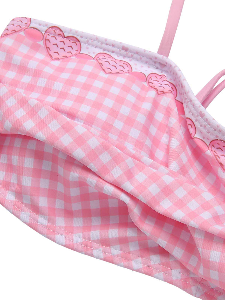 Pink 1950s Spaghetti Strap Heart Plaids Swimsuit — 1950s poolside glamour meets sun-drenched confidence