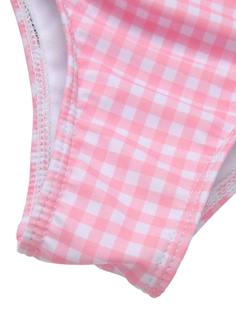 Pink 1950s Spaghetti Strap Heart Plaids Swimsuit: 1950s Riviera elegance, reimagined for her