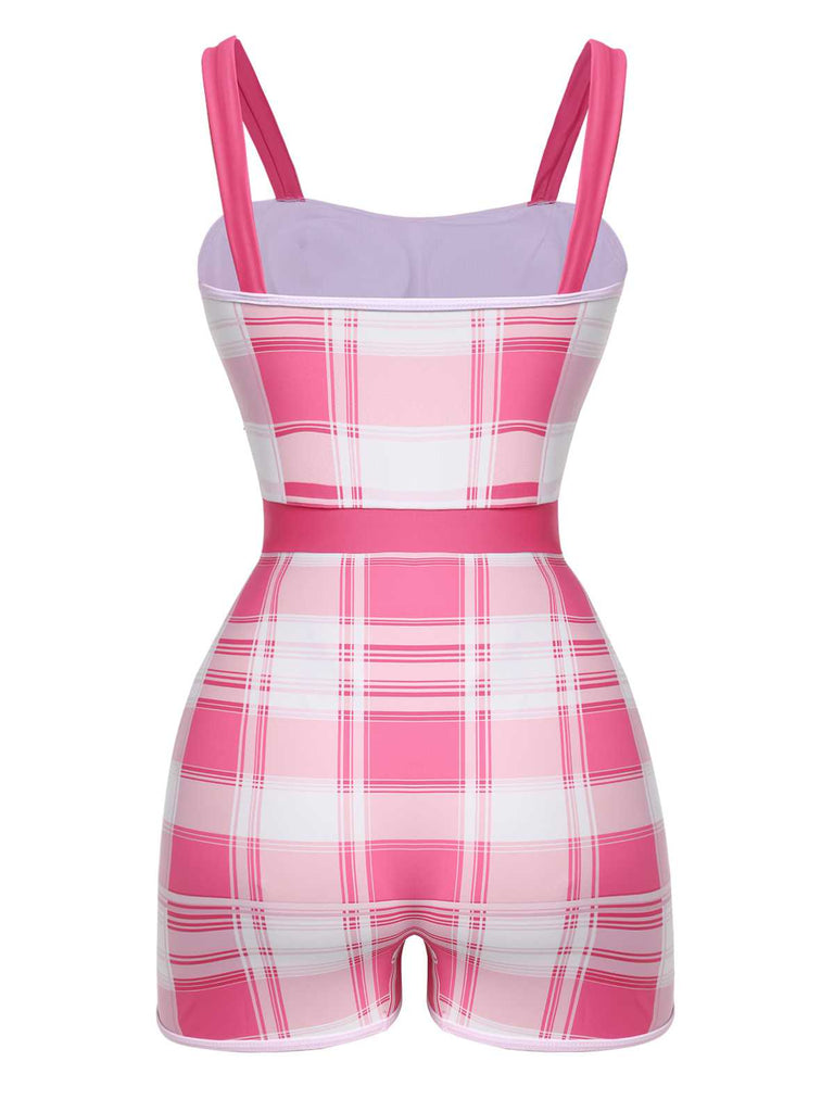 Pink 1950s Strap Plaids Bow One-Piece Swimsuit: 1950s Riviera elegance, reimagined for her