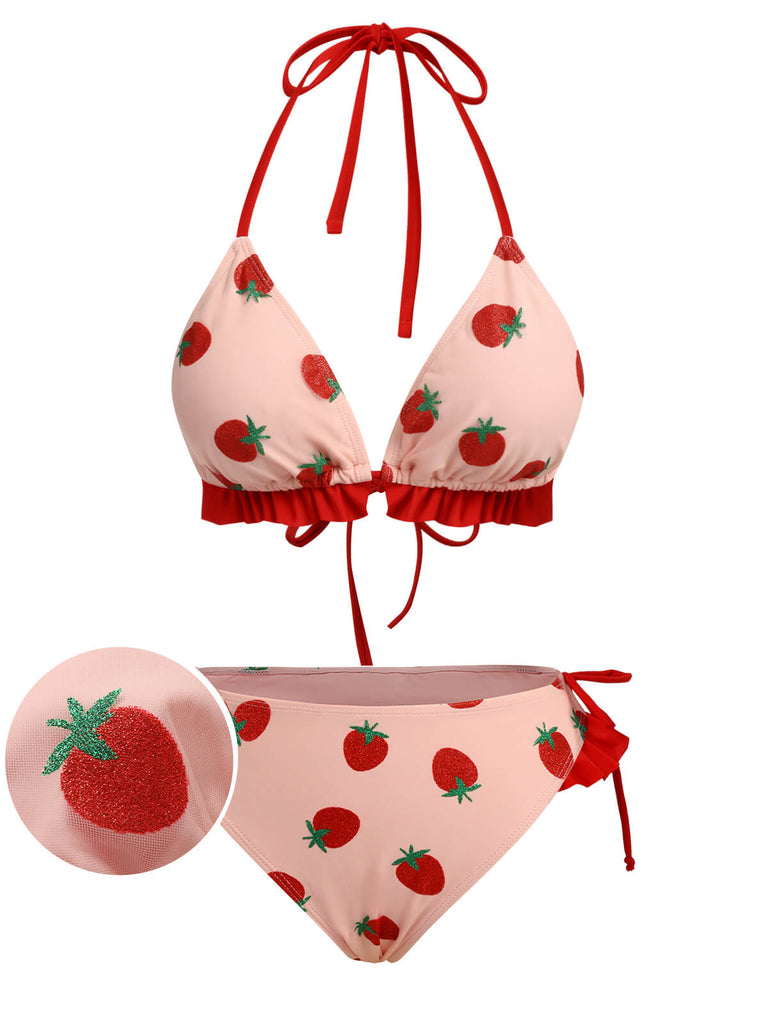 Pink 1950s Strawberry Lace-Up Halter Swimsuit, vintage swimsuit, pin-up swimwear - perfect for women who love vintage and retro fashion
