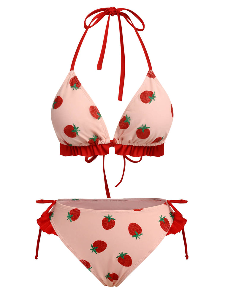 Pink 1950s Strawberry Lace-Up Halter Swimsuit, vintage swimsuit, pin-up swimwear - perfect for women who love vintage and retro fashion