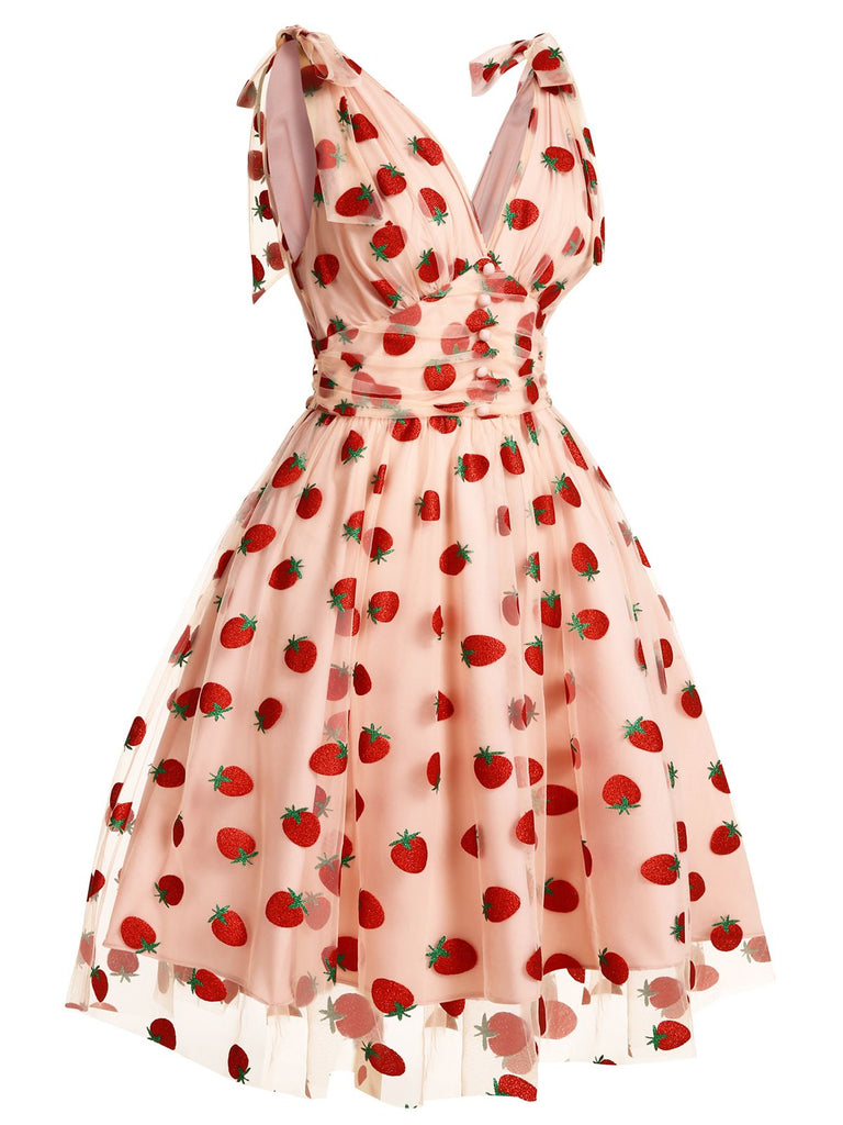 Pink 1950s Strawberry Mesh Swing Dress — a 1950s silhouette that turns sidewalks into runways