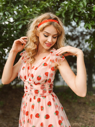 Pink 1950s Strawberry Mesh Swing Dress: timeless style reimagined