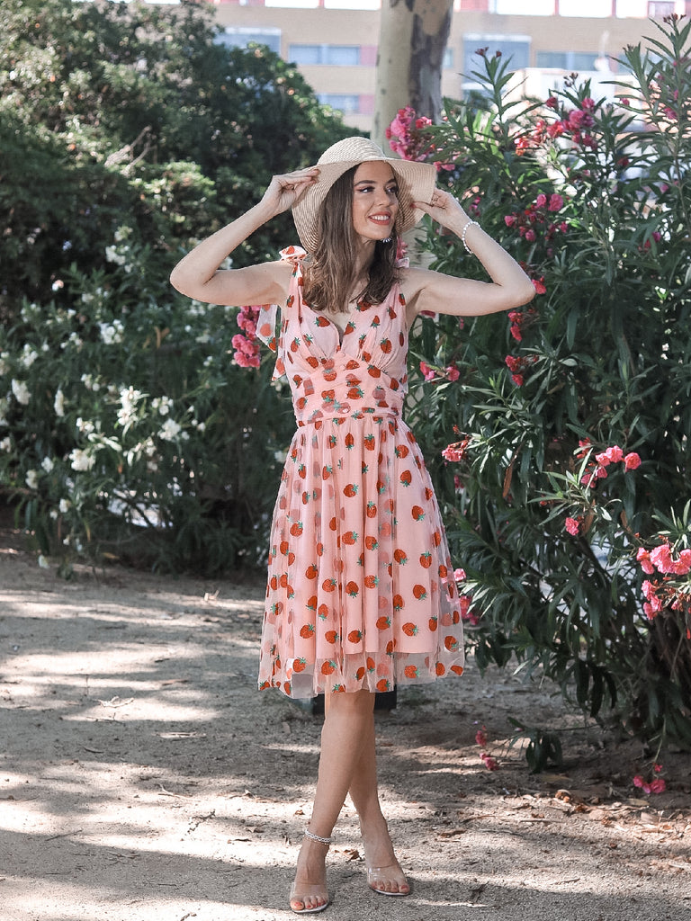 Pink 1950s Strawberry Mesh Swing Dress — vintage elegance for the modern woman