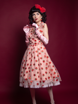 Pink 1950s Strawberry Mesh Swing Dress - vintage dress, retro fashion, rockabilly