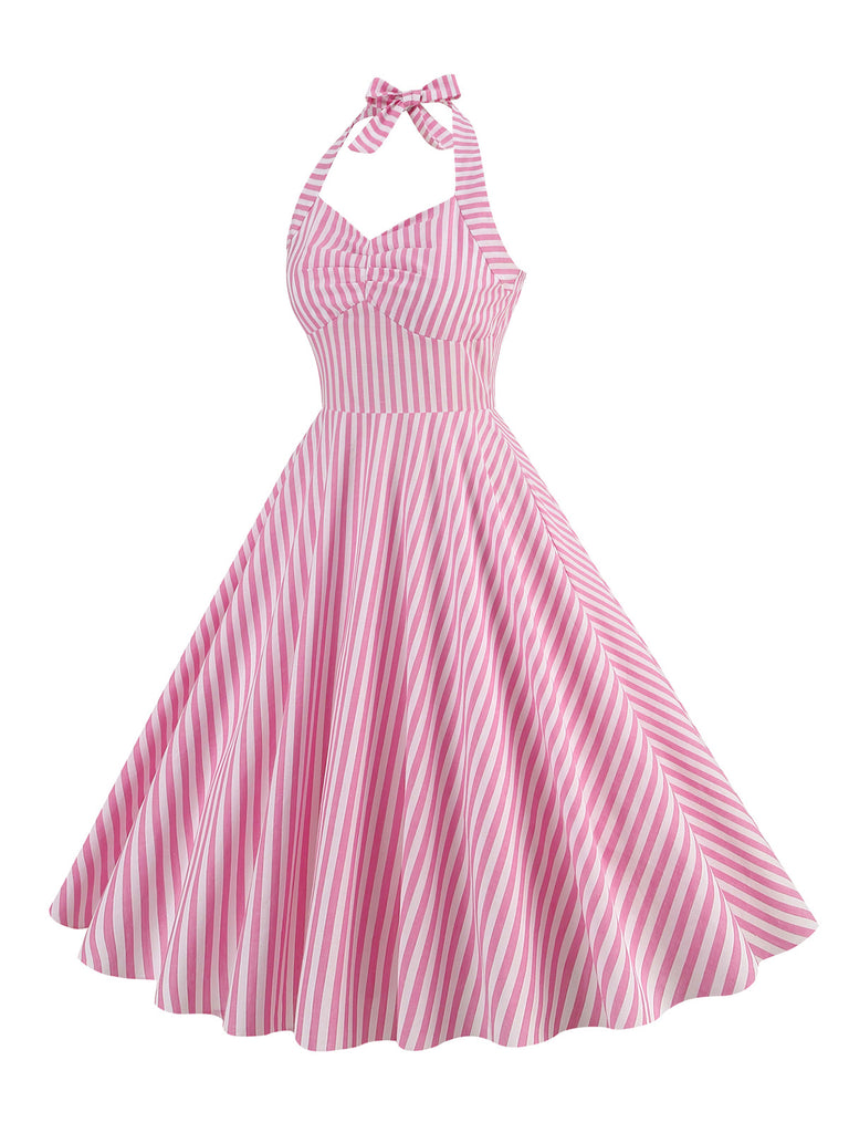 Pink 1950s Stripe Halter Swing Dress — vintage elegance for the modern woman