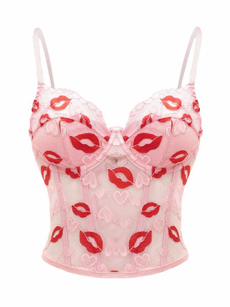 Pink 1950s Valentine's Day Kiss Print Lace Corset - vintage fashion, retro style