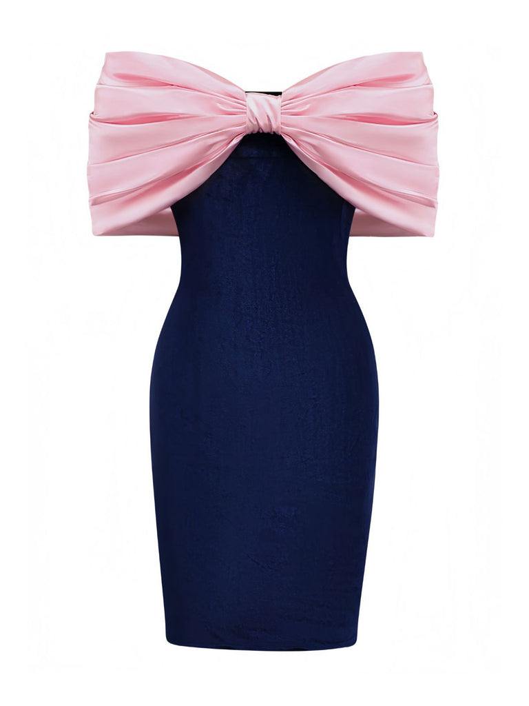 Pink 1960s Big Bow Off-Shoulder Velvet Dress - vintage dress, retro fashion