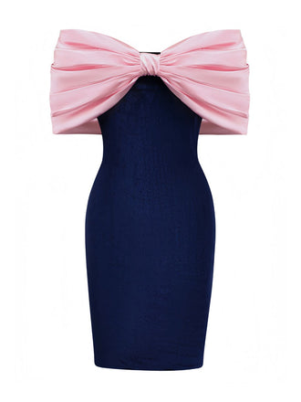 Pink 1960s Big Bow Off-Shoulder Velvet Dress - vintage dress, retro fashion