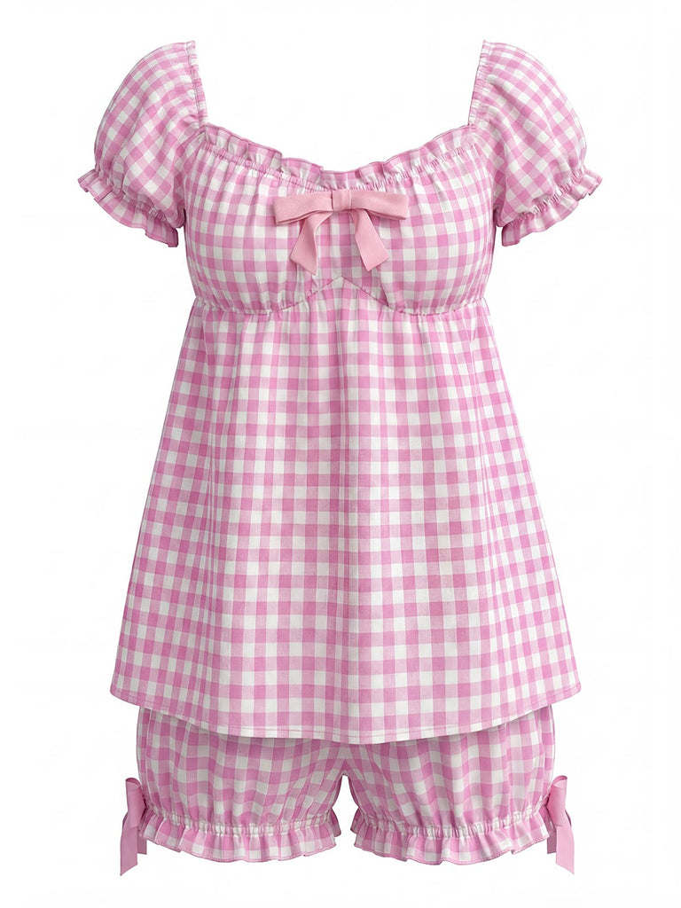 Pink 1960s Bow Gingham Ruffle Pajama Set - vintage fashion, retro style