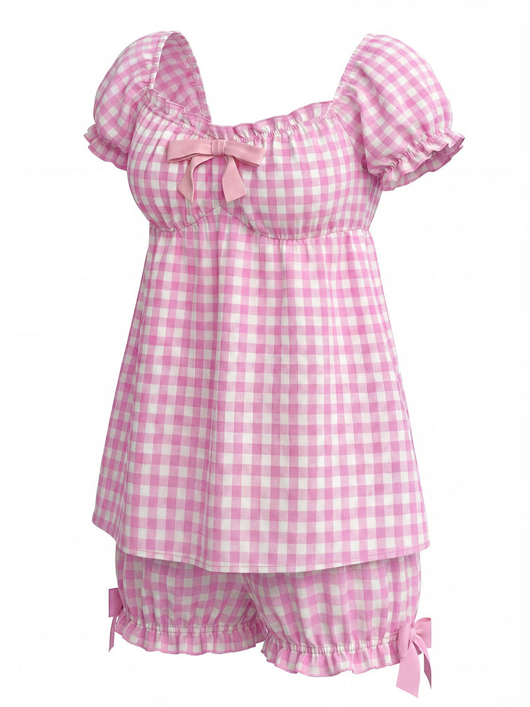 Pink 1960s Bow Gingham Ruffle Pajama Set - vintage fashion, retro style