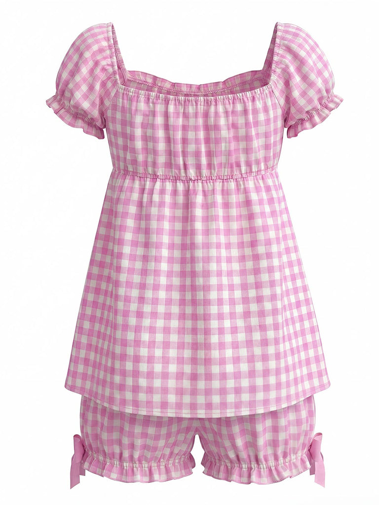 Pink 1960s Bow Gingham Ruffle Pajama Set - vintage fashion, retro style