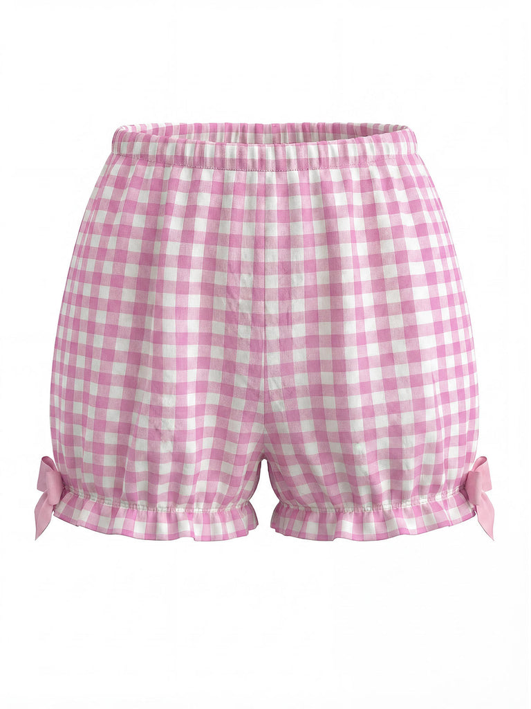 Pink 1960s Bow Gingham Ruffle Pajama Set - vintage fashion, retro style