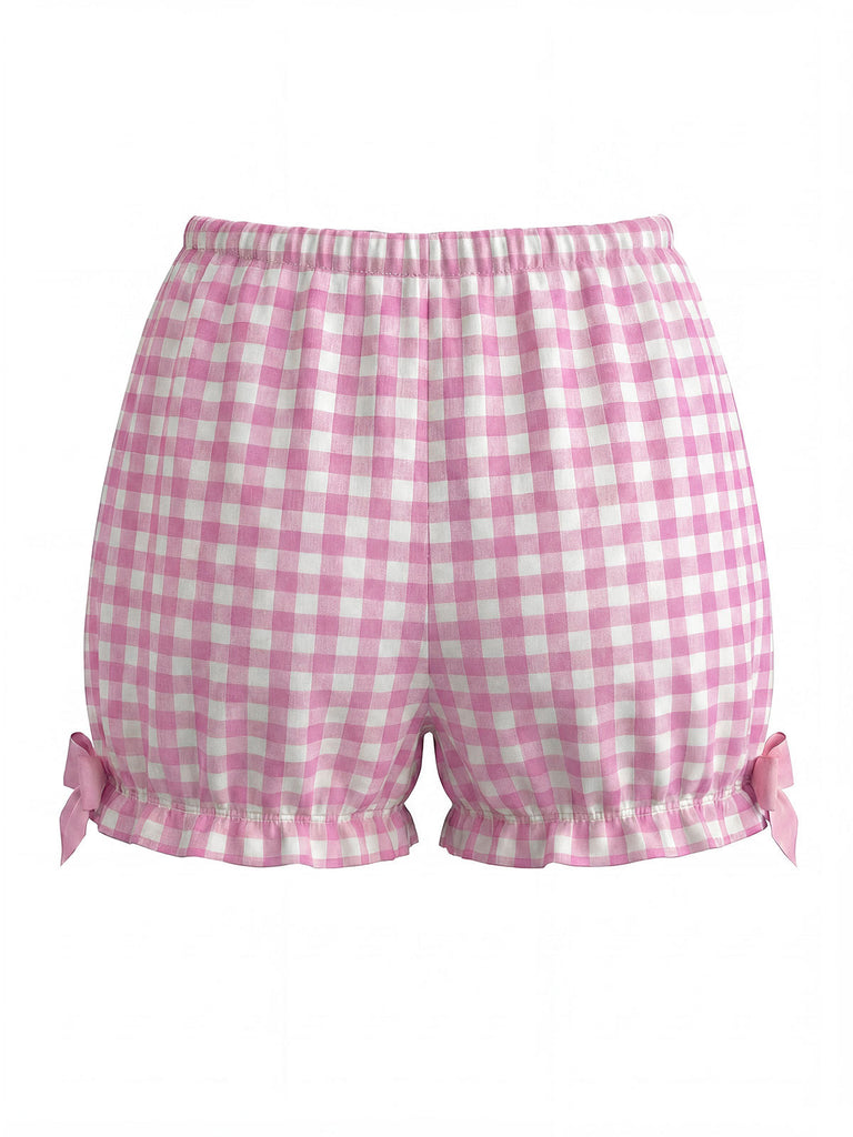 Pink 1960s Bow Gingham Ruffle Pajama Set - vintage fashion, retro style