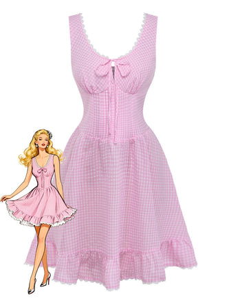 Pink 1960s Bow Lace Gingham Lace-up Dress - vintage dress, retro fashion, elegant style for vintage lovers