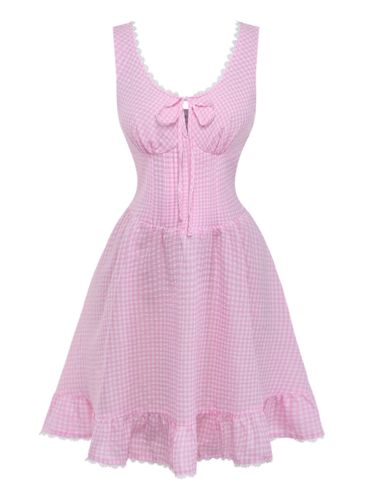 Pink 1960s Bow Lace Gingham Lace-up Dress: beautiful vintage dress, retro fashion, elegant style with timeless appeal