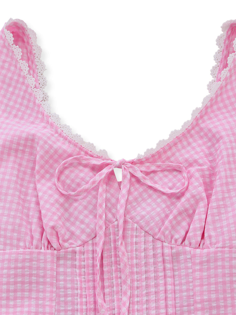 Pink 1960s Bow Lace Gingham Lace-up Dress: beautiful vintage dress, retro fashion, elegant style with timeless appeal