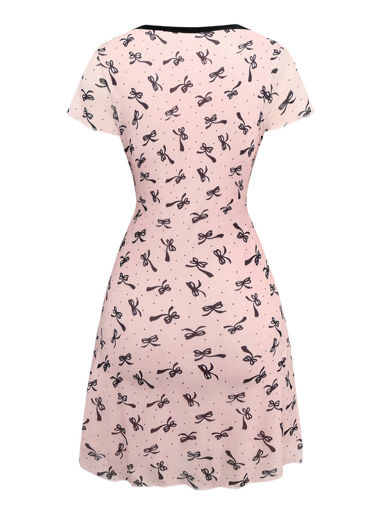 Pink 1960s Bow Print V-Neck Mesh Dress - vintage dress, retro fashion