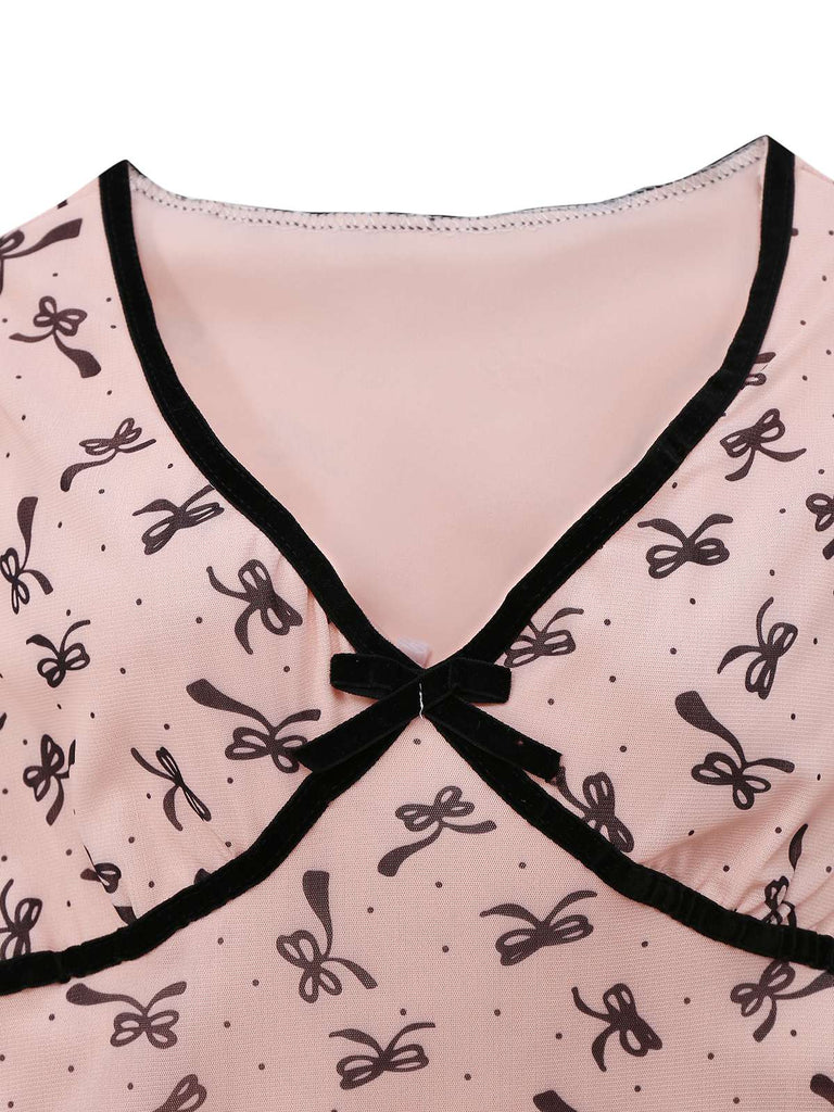 Pink 1960s Bow Print V-Neck Mesh Dress - vintage dress, retro fashion