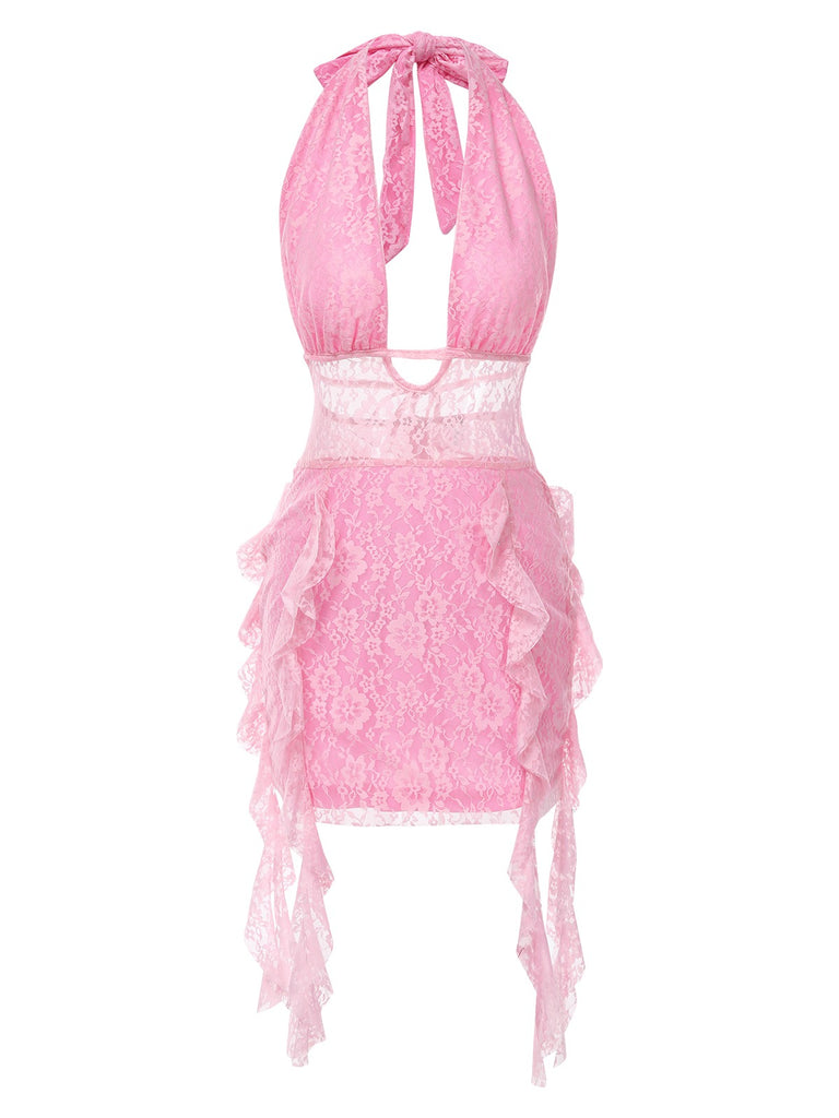 She slips into this Pink 1960s Deep-V Halter Floral Lace Dress and suddenly it's a 1960s daydream