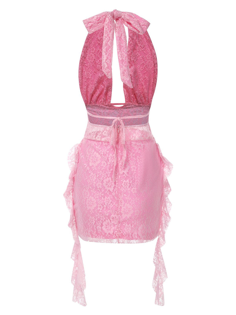 Pink 1960s Deep-V Halter Floral Lace Dress: where 1960s romance meets her modern spirit