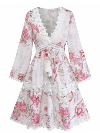 Pink 1960s Floral Cutout Print V-Neck Lace Dress - vintage dress, retro fashion, elegant style for vintage lovers