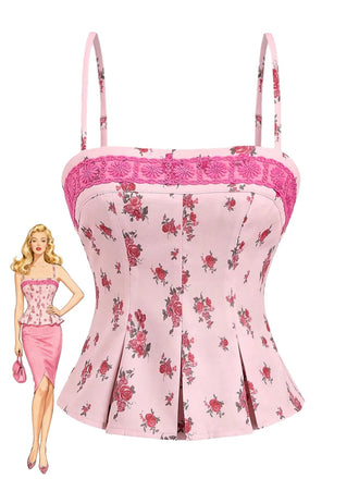 Pink 1960s Floral Lace Patchwork Pleated Camisole - vintage fashion, retro style