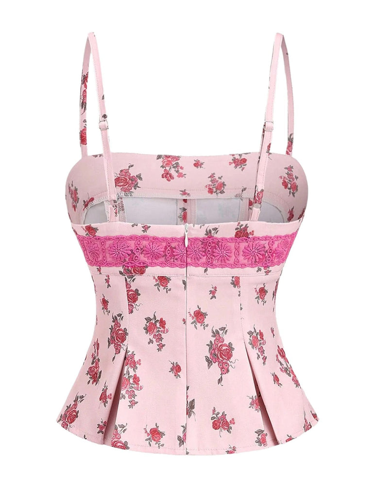 Pink 1960s Floral Lace Patchwork Pleated Camisole - vintage fashion, retro style