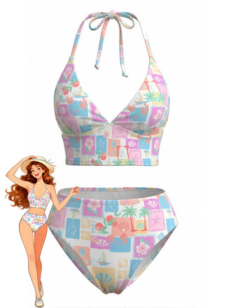 Pink 1960s Floral Plaid V-Neck Halter Bikini Set - vintage swimsuit, pin-up swimwear for vintage lovers