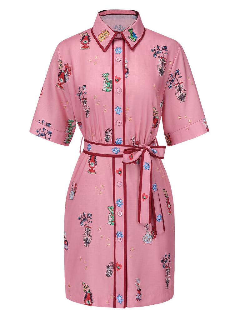 Pink 1960s Floral Print Lapel Belted Dress, vintage dress, retro fashion, floral print - perfect for women who love vintage and retro fashion