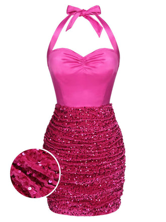 Pink 1960s Halter Sequined Wrap Dress, vintage dress, retro fashion - perfect for women who love vintage and retro fashion