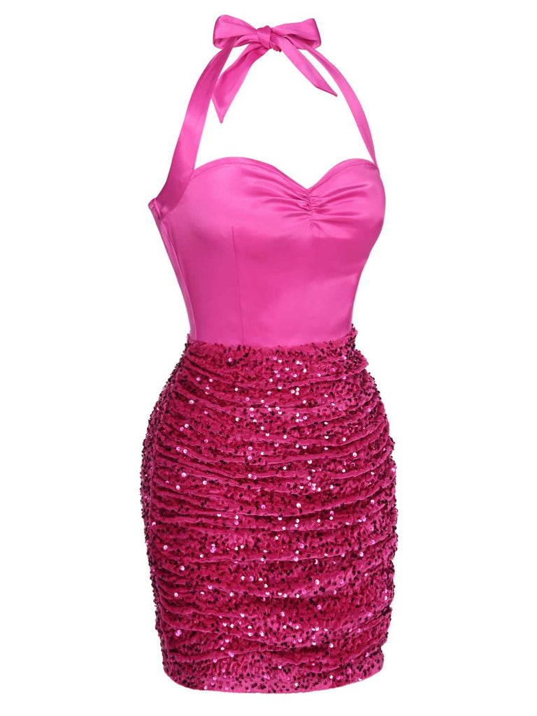 Pink 1960s Halter Sequined Wrap Dress, vintage dress, retro fashion - perfect for women who love vintage and retro fashion
