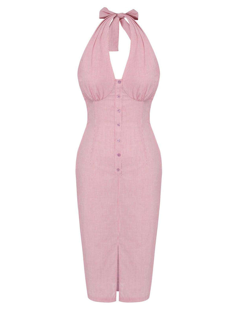 Pink 1960s Halter Stripes Slit Dress, vintage dress, retro fashion - perfect for women who love vintage and retro fashion
