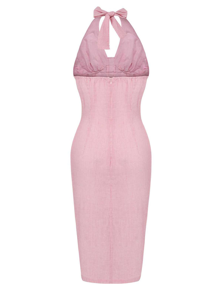 Pink 1960s Halter Stripes Slit Dress — the kind of 1960s dress that makes strangers smile
