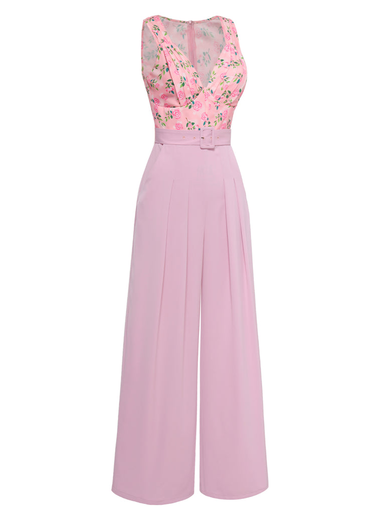 Pink 1960s Heart Neck Roses Belted Jumpsuit — 1960s elegance in the palm of her hand