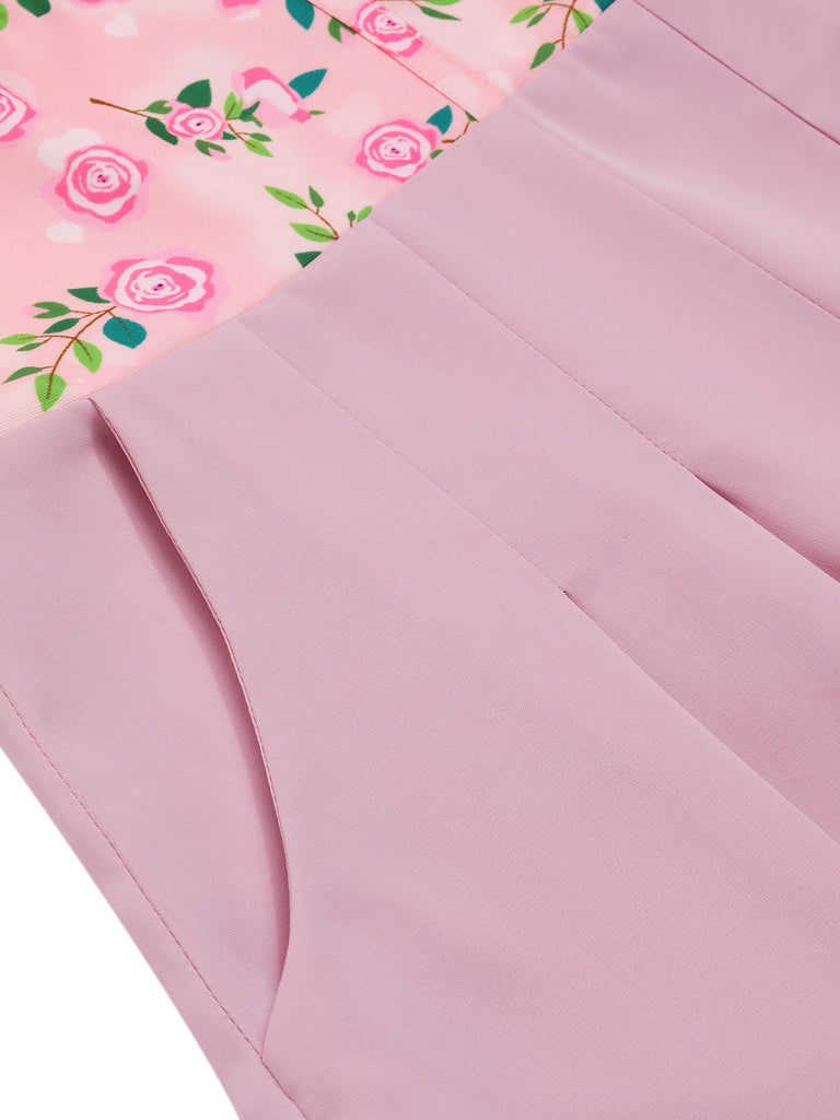 Pink 1960s Heart Neck Roses Belted Jumpsuit: 1960s detail work for the woman who notices
