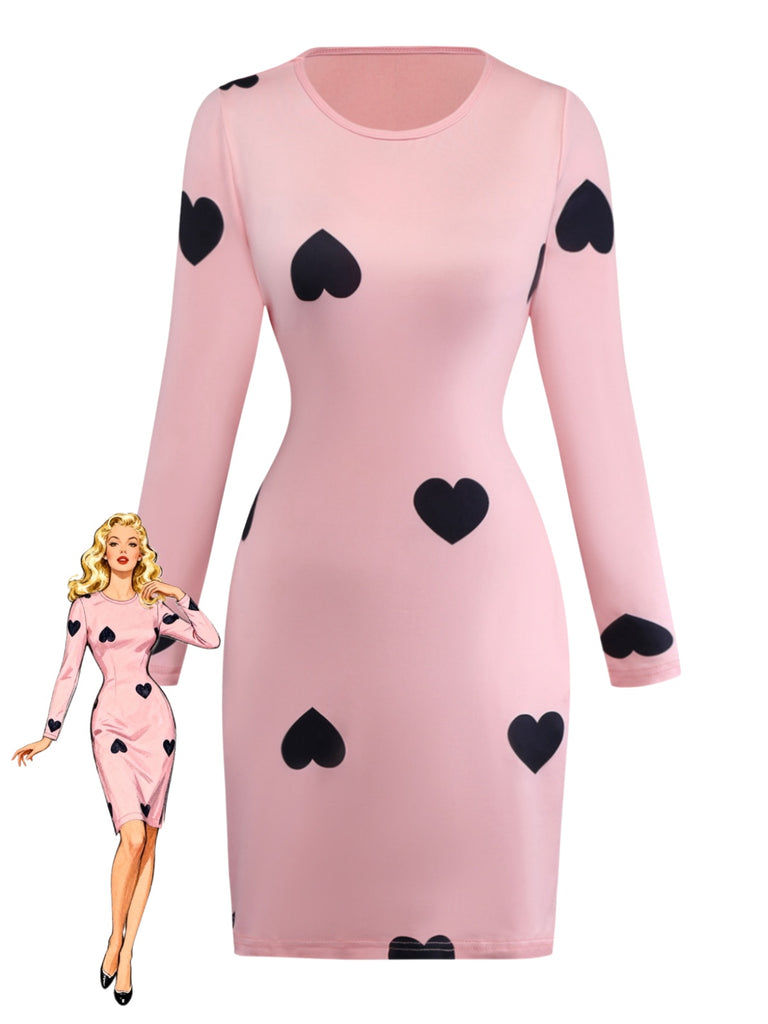 Pink 1960s Heart Round Neck Bodycon Dress - vintage dress, retro fashion
