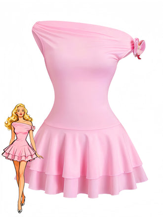 Pink 1960s One-Shoulder 3D Floral Tiered Dress - vintage dress, retro fashion, elegant style for vintage lovers