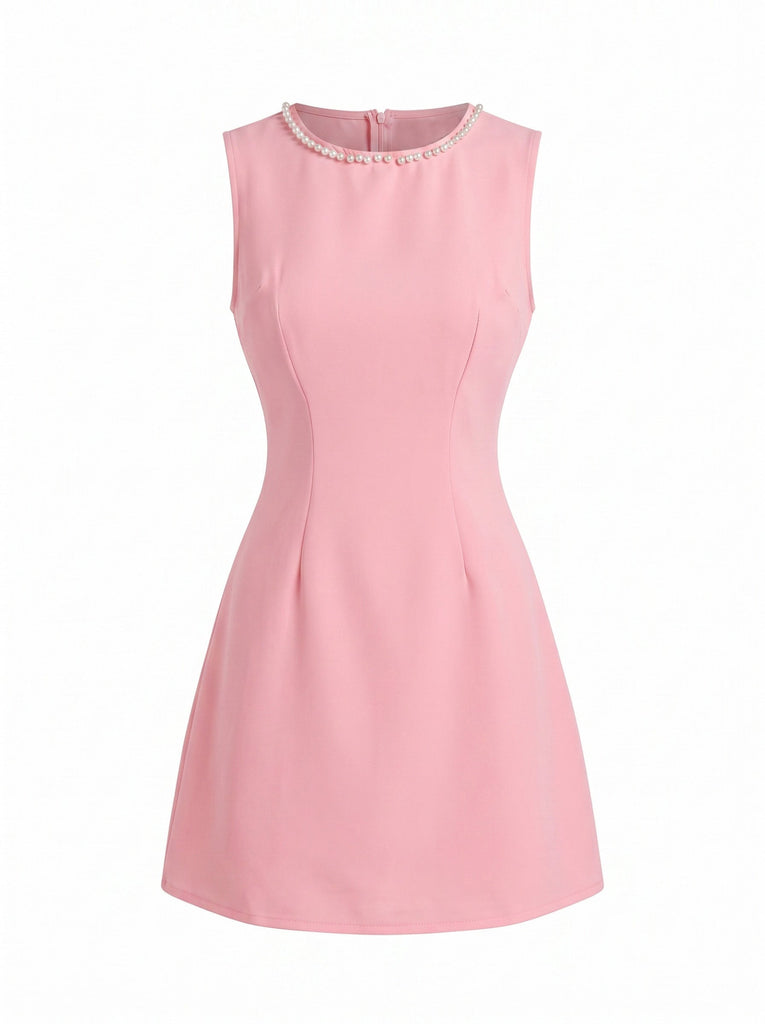 Pink 1960s Pearl Sleeveless Round Neck A-Line Dress, vintage dress, retro fashion - perfect for women who love vintage and retro fashion