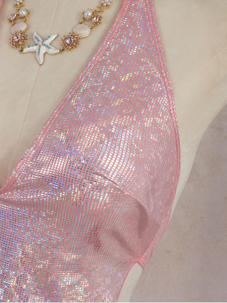 Pink 1960s Sequin Metallic Halter Two Piece Skirt Set, vintage skirt, retro style - perfect for women who love vintage and retro fashion
