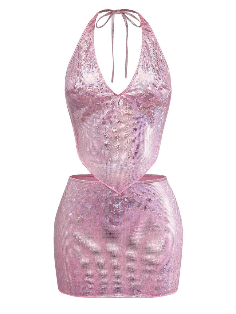 Pink 1960s Sequin Metallic Halter Two Piece Skirt Set, vintage skirt, retro style - perfect for women who love vintage and retro fashion