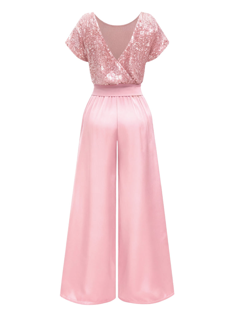 Pink 1960s Sequined Wide-Leg Jumpsuit - vintage jumpsuit, retro fashion