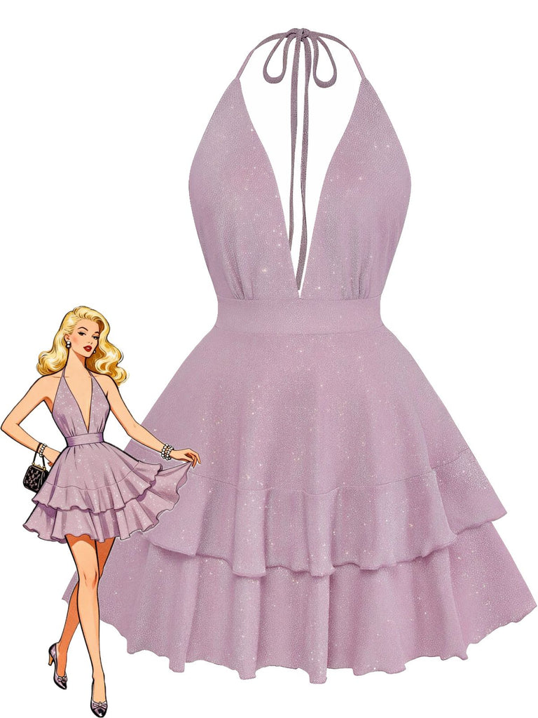 Pink 1960s Solid Glitter Deep V-Neck Mini Dress - vintage dress, retro fashion