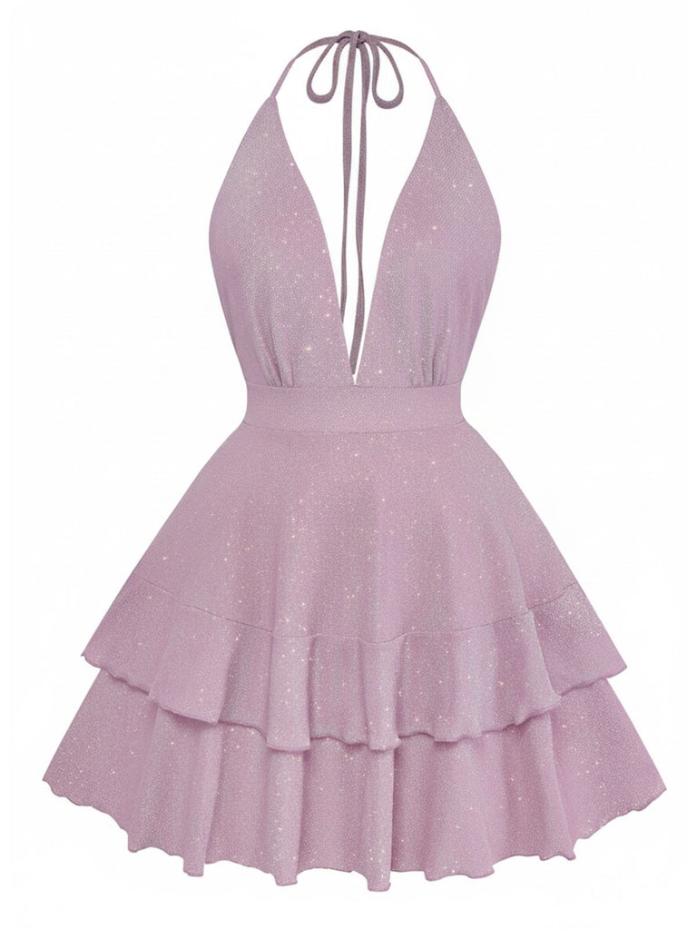 Pink 1960s Solid Glitter Deep V-Neck Mini Dress - vintage dress, retro fashion