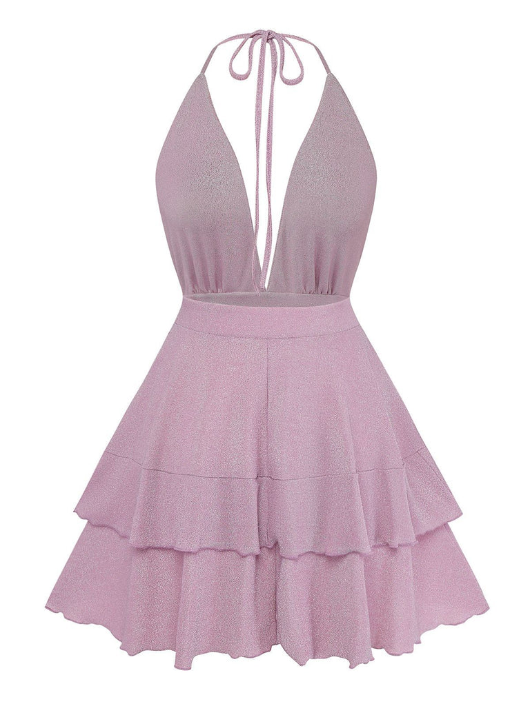 Pink 1960s Solid Glitter Deep V-Neck Mini Dress - vintage dress, retro fashion