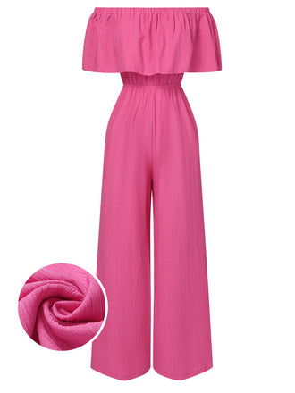 She finds her 1960s story in this Pink 1960s Solid Off-Shoulder Wideleg Jumpsuit