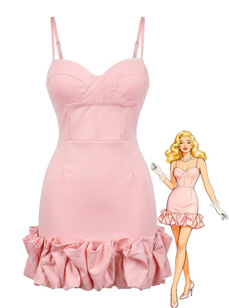 Pink 1960s Spaghetti Strap Ruffle Hem Dress - vintage dress, retro fashion for vintage lovers