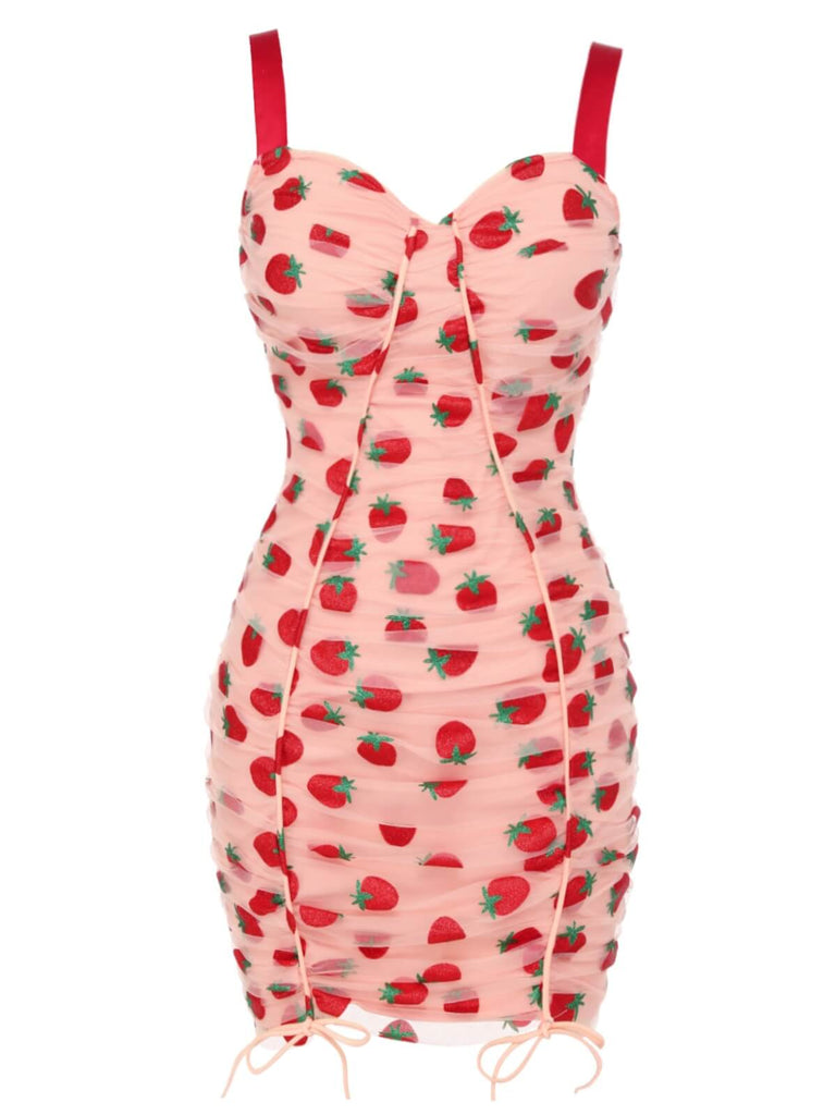 Pink 1960s Strawberry Drawstring Strap Pencil Dress, vintage dress, retro fashion - perfect for women who love vintage and retro fashion