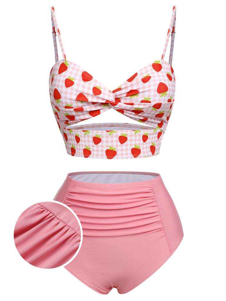 Pink 1960s Strawberry Plaid Halter Swimsuit, vintage swimsuit, pin-up swimwear - perfect for women who love vintage and retro fashion